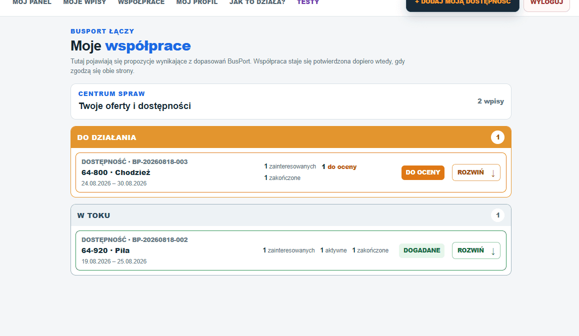 Centrum dopasowań BusPort z aktywnymi sprawami kierowcy