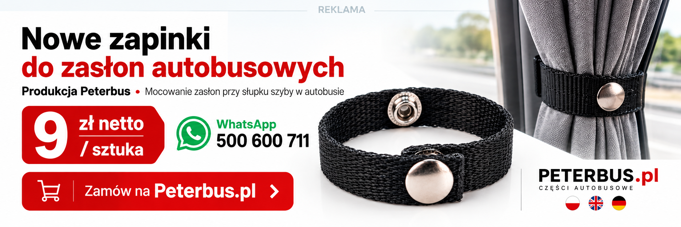 Reklama Peterbus.pl — zapinki do zasłon autobusowych